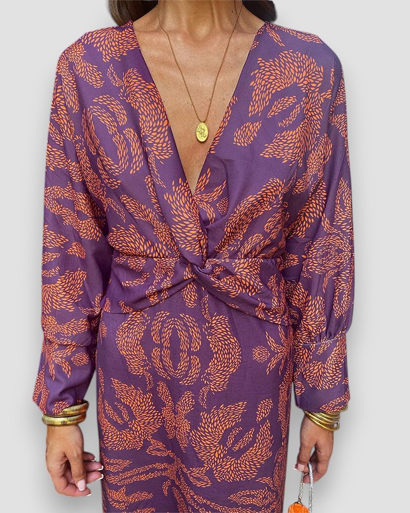 Damen Kleid Langarm V-Ausschnitt Print Knotendetail Elegant-83293-b9864ab2-3095-4c32-9fb1-bef3660ebc0d