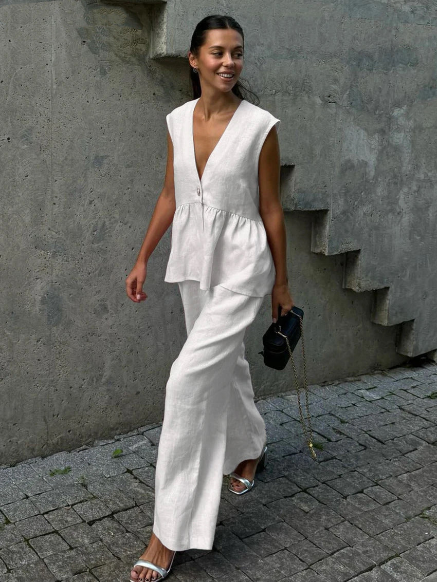 Kleidhaus Damen Leinen Zweiteiler – Atmungsaktives Ärmelloses Top & Weite Hose mit V-Ausschnitt-83272-bb226c62-e64a-410b-b229-9a98c1cb577a