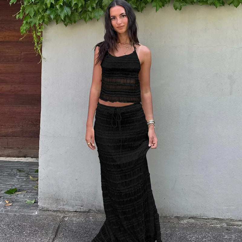 Damen Zweiteiler – Gerafftes Halter-Top, Midirock mit Tunnelzug, Strukturiert-83709-bbc5e846-efdd-4287-be43-52a4d96062fa