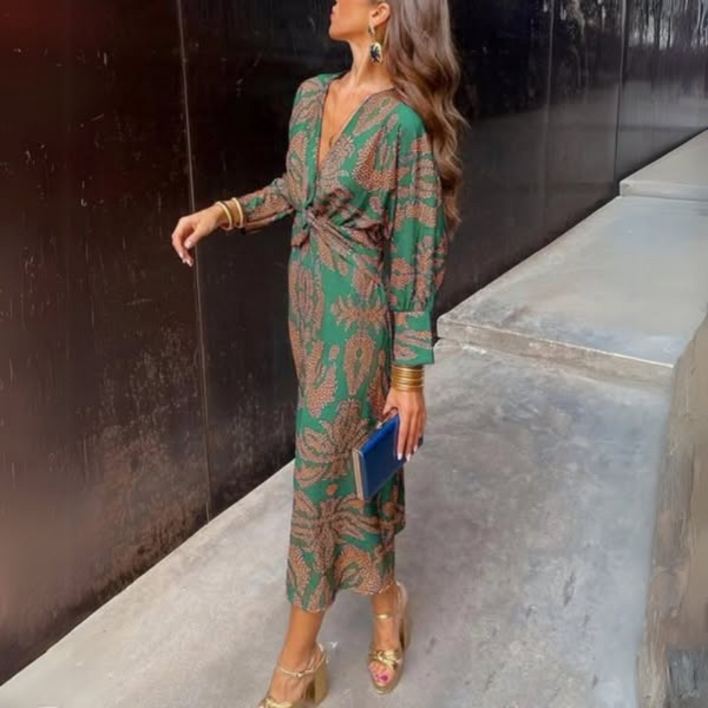 Damen Kleid Langarm V-Ausschnitt Print Knotendetail Elegant-83293-c2aa4b38-8cf7-4743-9ead-e7af288d0288