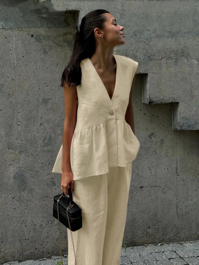 Kleidhaus Damen Leinen Zweiteiler – Atmungsaktives Ärmelloses Top & Weite Hose mit V-Ausschnitt-83272-c7b9376a-e9aa-4294-a754-0fe2a3d92b64