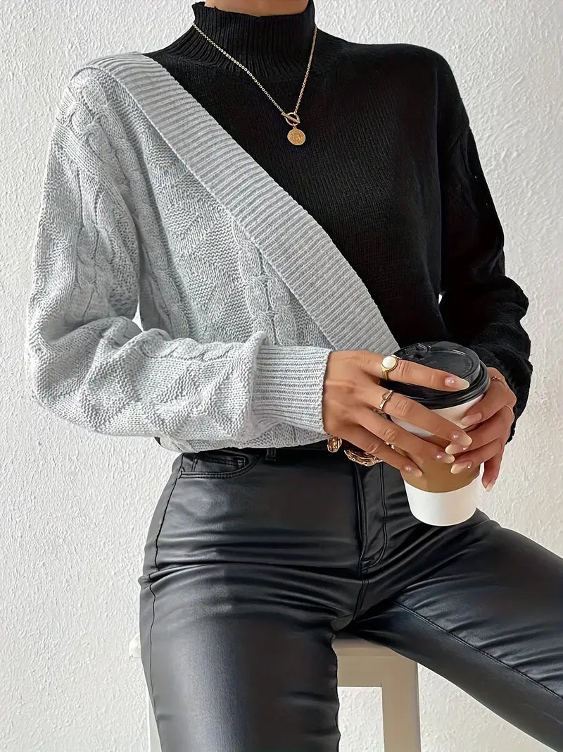 Damen Rollkragenpullover – Farbblock Zopfstrick Design, Warm-54586-ba97541c-c33f-4ca9-898c-f6e52545e917