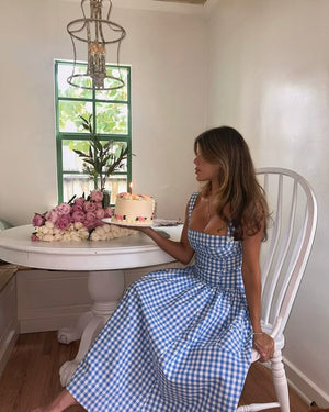 Damen Gingham Kleid – Eckiger Ausschnitt, Knopfdetails, Klassischer Stil-83592-ccade846-c079-4c8a-9c92-117e2fc55a89