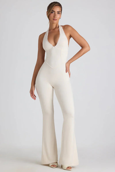 Gerippter Halter Neck Jumpsuit – Ausgestelltes Bein
