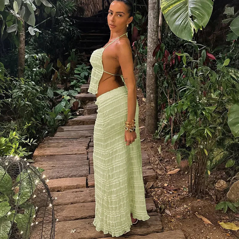 Damen Zweiteiler – Gerafftes Halter-Top, Midirock mit Tunnelzug, Strukturiert-83709-df45448c-d422-458b-bd47-f97e5124c830