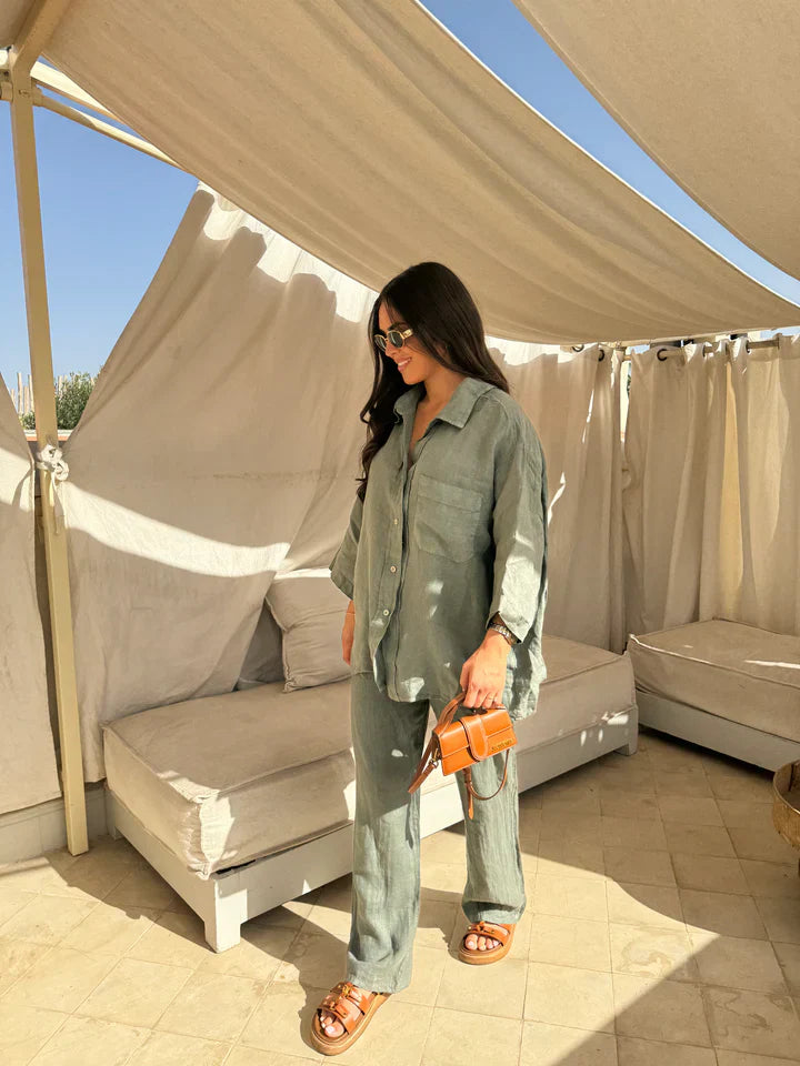 Damen Leinen Zweiteiler – Hemd & Hose Set, Entspannter Schnitt, Mehrfarbig-82126-e309de9a-6e4c-4f25-885b-13fae0f03f4e