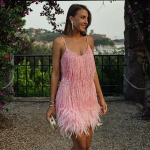 Damen Mini-Kleid mit Fransen & Federn – Spaghettiträger Partykleid-83329-ea554334-1798-4674-8621-c84428bc26e7