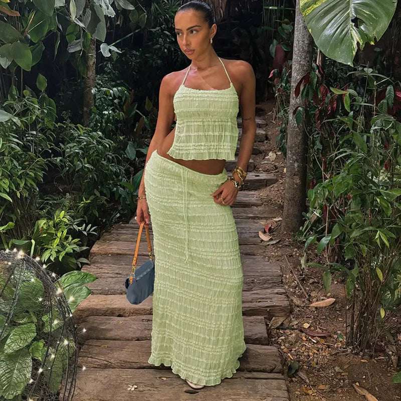 Damen Zweiteiler – Gerafftes Halter-Top, Midirock mit Tunnelzug, Strukturiert-83709-ec5c869a-779a-4df5-bc25-3b0bbb28d2bd