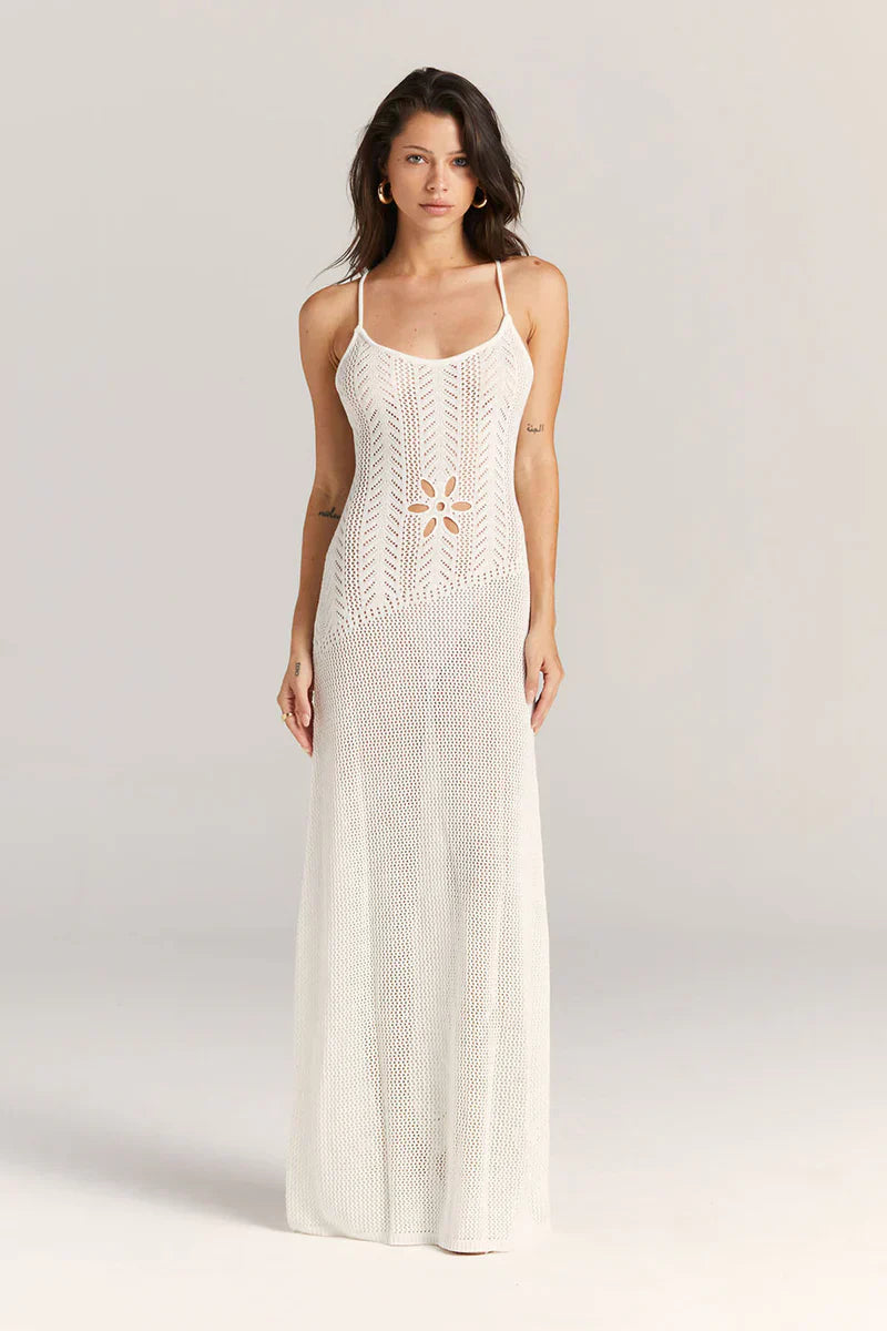 Kleidhaus Damen Strick Maxi-Kleid – Offenes Design, Florale Cutouts, Spaghetti-Träger-83282-efe282fd-6612-4820-8f85-26d34dbbae6d