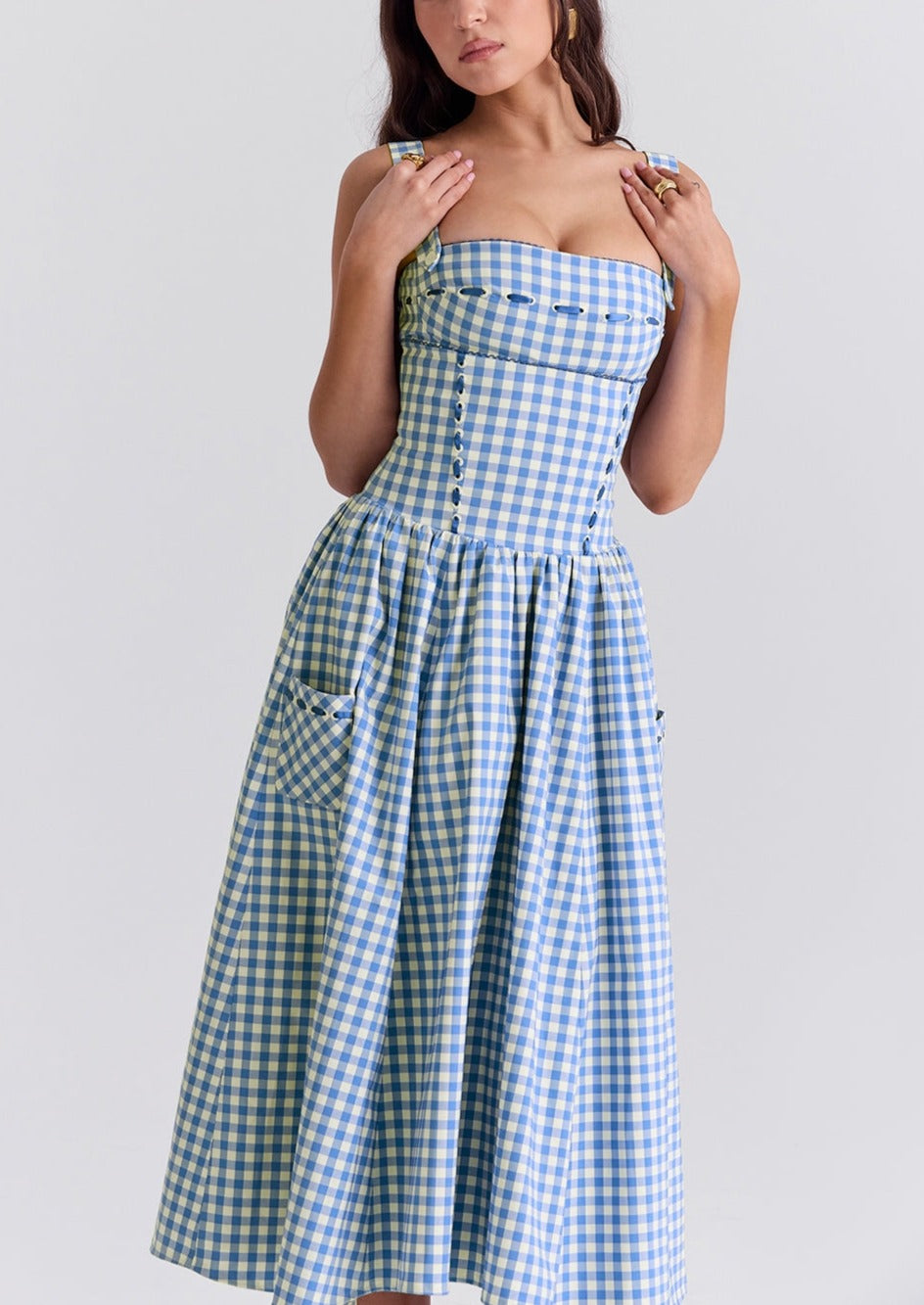 Damen Gingham Kleid – Eckiger Ausschnitt, Knopfdetails, Klassischer Stil-83592-f40d48a0-9034-4863-8f70-e87ce3e9d722