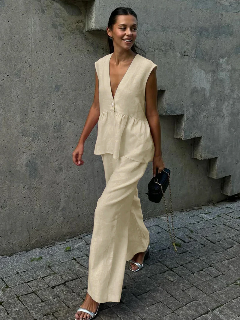 Kleidhaus Damen Leinen Zweiteiler – Atmungsaktives Ärmelloses Top & Weite Hose mit V-Ausschnitt-83272-f4de8f55-5acf-4d12-aacf-08c7b8ad49f0