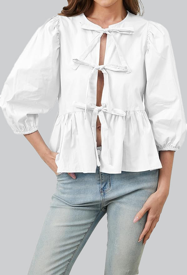 Kleidhaus Damen Bluse mit Schleifendetail, Schößchensaum & Dreiviertelärmeln – Verschiedene Farben-83302-f8705f6f-ba71-43ad-bc30-67aacff897d0