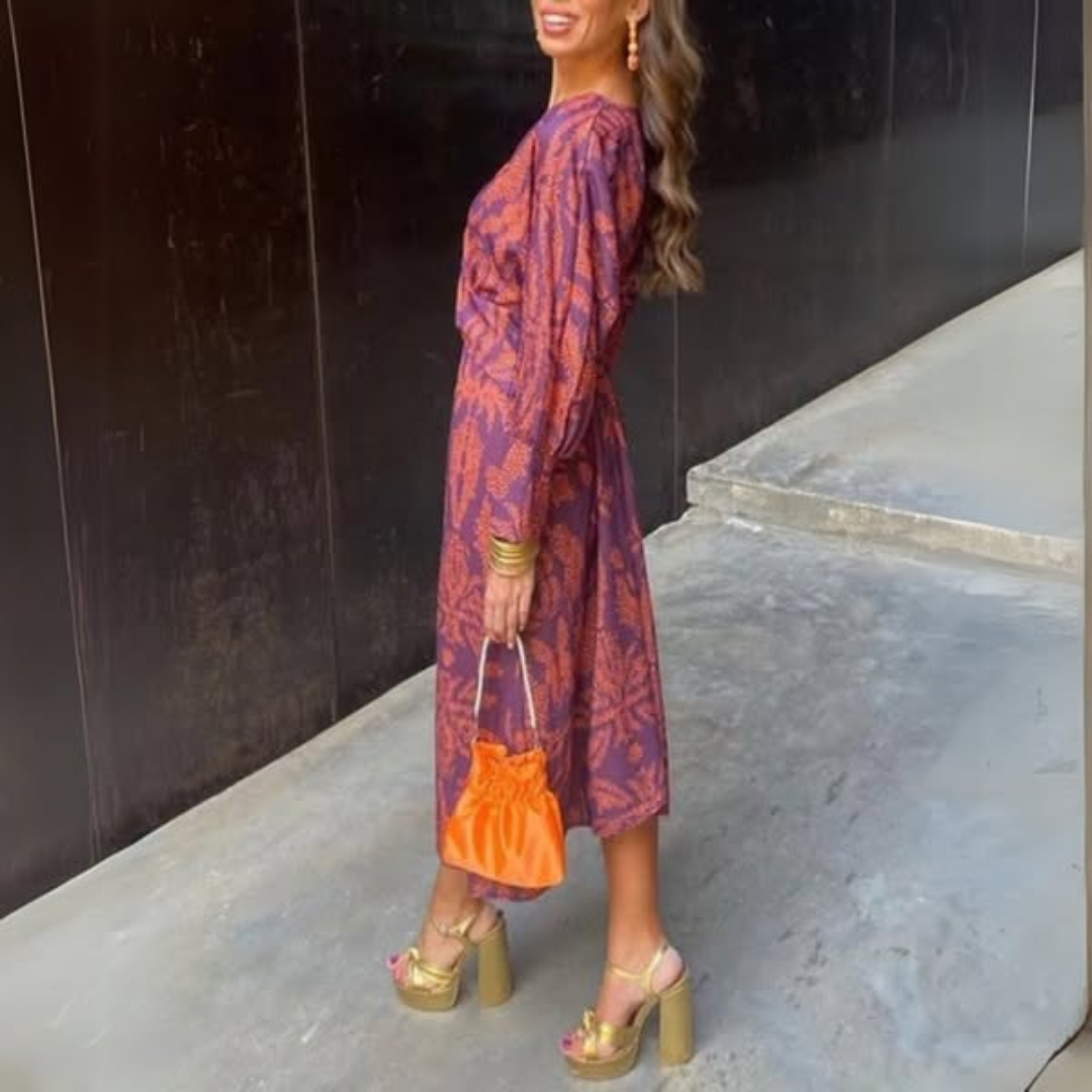 Damen Kleid Langarm V-Ausschnitt Print Knotendetail Elegant-83293-faedb750-924e-48da-9f5b-c436018c2175