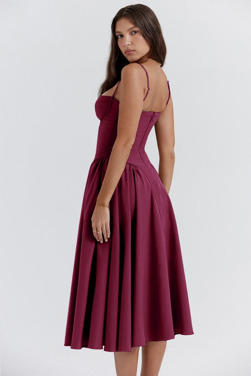 Damen Midi-Kleid mit Spaghettiträgern, plissiertem Rock und Taschen – Elegant-83506-fb160f39-d796-4a37-9d72-75abd381c6ff