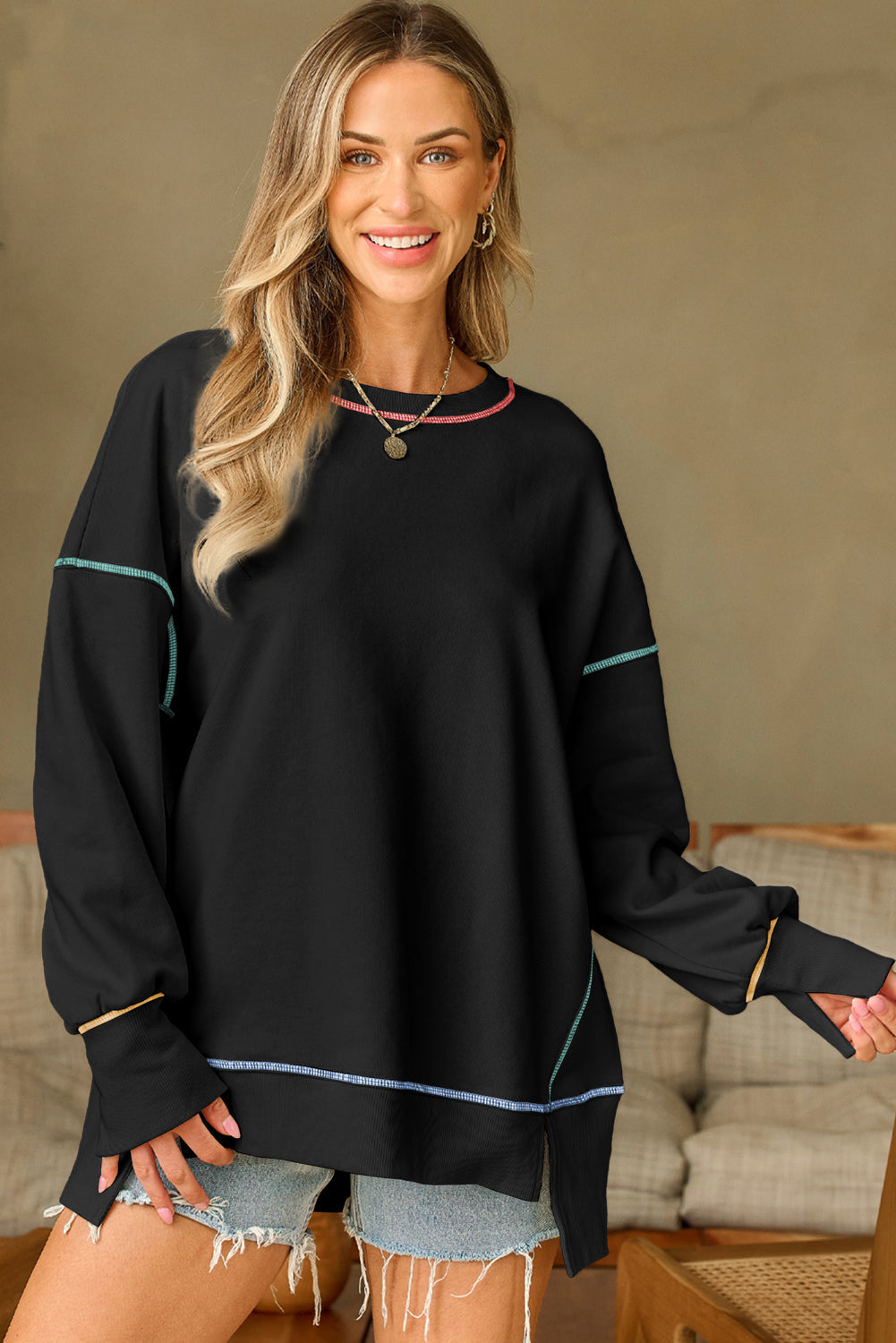 Variant image for Women Oversized Sweatshirt Black Cotton | Casual Chic-5