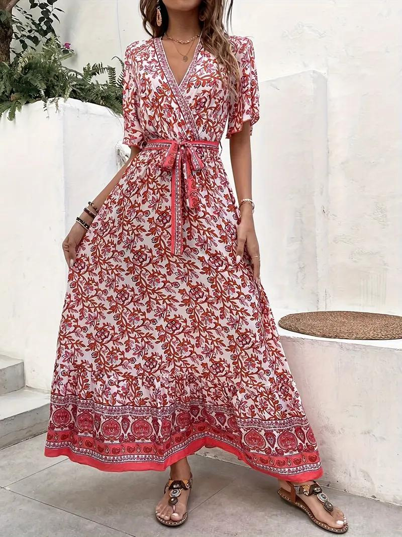 Maxikleid Damen Blumenmuster V-Ausschnitt Bindegürtel Kurzarm Fließend Sommerkleid Bequem Luftig Bohemian Stil-82359-ff2d5e0e-9334-4ee9-8381-9531a359b2ac