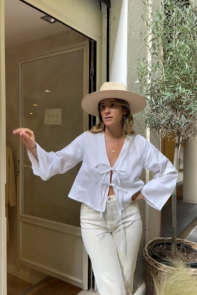 Damen Leinen Zweiteiler – Langarm Top mit Bindedetail & Shorts mit Gummibund, Relaxed Fit-83296-ffbb7dff-d3a9-459c-acb8-a332e7ef9bc2